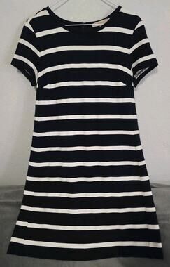 LOFT Striped Short Sleeve Dress Size M Navy White, Rayon Polyester Spandex Blend